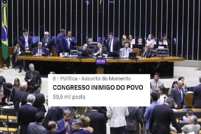 A hashtag #CongressoInimigoDoPovo chegou a figurar entre os seis assuntos mais comentados do X - (crédito: Kayo Magalhães/Câmara dos Deputados e Reprodução) A hashtag #CongressoInimigoDoPovo chegou a figurar entre os seis assuntos mais comentados do X - (crédito: Kayo Magalhães/Câmara dos Deputados e Reprodução)